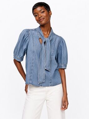 Zara Denim Tie Neck Puff Sleeve Blouse Chambray Boho Top Large